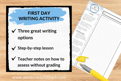 picture of a handout for the first day writing activity with questions for students and an explanation of what the resource includes