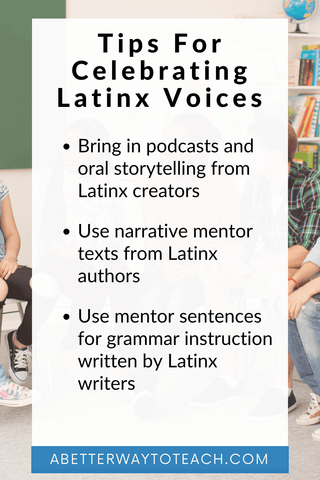 list that says "ways to bring latinx voices into your classroom and then gives three ideas: podcasts, mentor sentences for grammar, and narrative mentor texts."