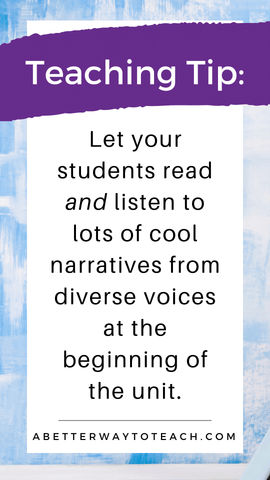 pull out quote that says "let your students read and listen to narratives"