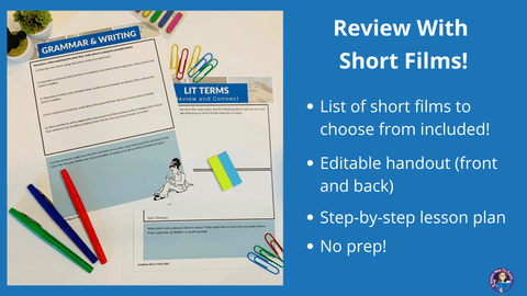 picture of literary and grammar review handout with a list of the features the lesson includes