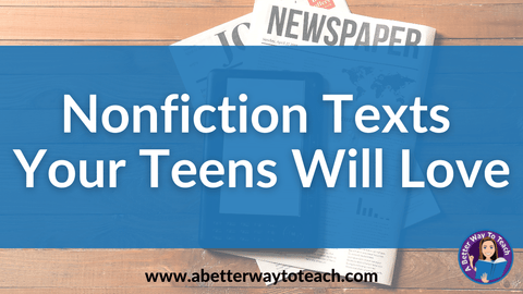 Banner that says "nonfiction texts your teens will love" with a picture of a newspaper