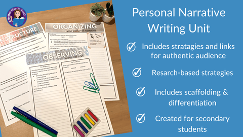 Picture of narrative writing handouts with the text that describes what is in the unit: research-based lessons and opportunities for authentic audience