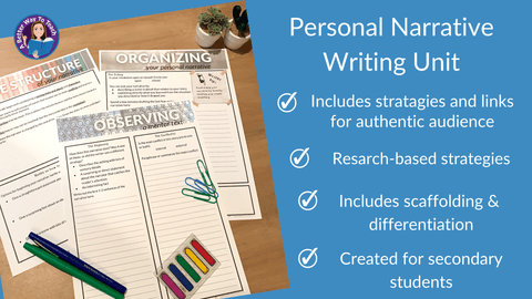 picture of graphic organizers for narrative unit with a checklist of what you get in this narrative unit including scaffolded lessons and strategies for authentic audience