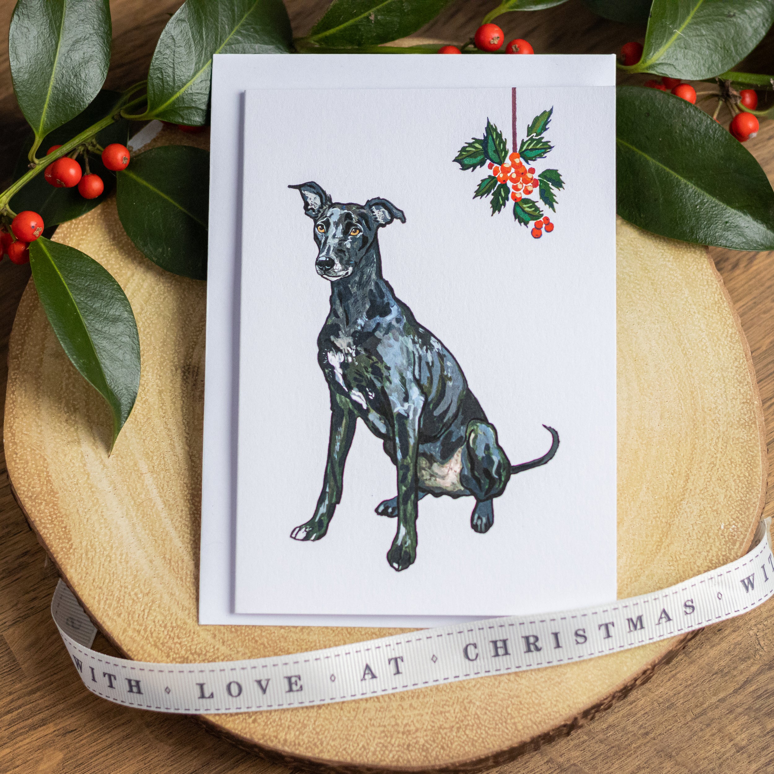 Black Greyhound Christmas Card Pet Portrait Illustration