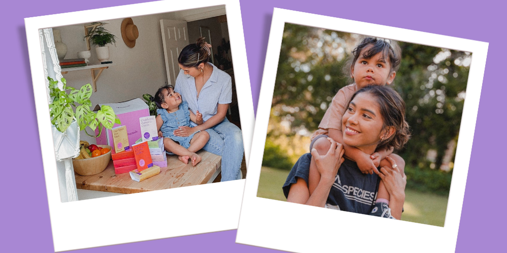 Image of Josephine picking her daughter up on her shoulders and image of both of them sitting next to a pile of Mamamade meals