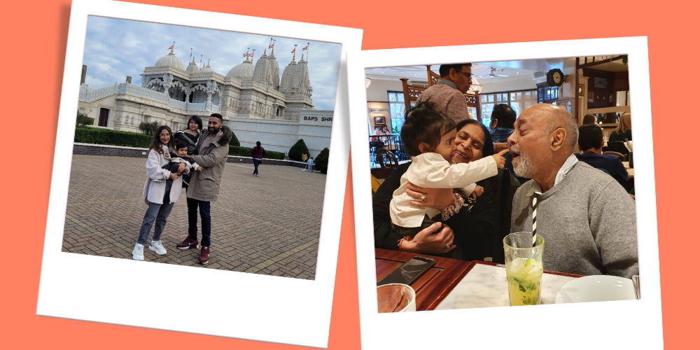A picture collage of Shreena and her family including her in-laws 