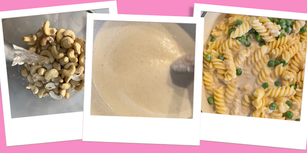 images of creating the recipe, soaking cashews, blending and stirring with pasta