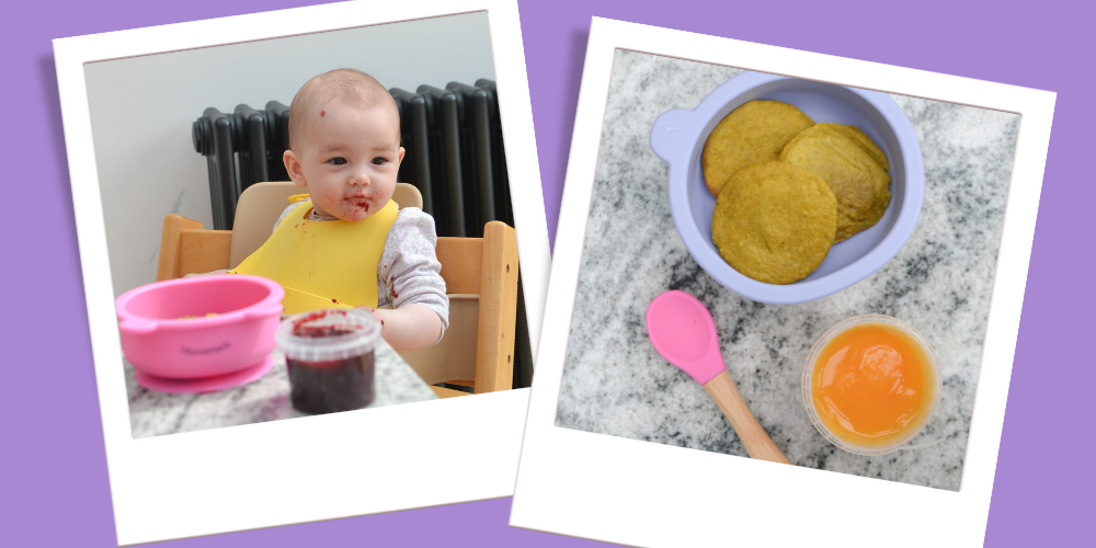 Two images size by size - baby with puree in one, and a bowl of pancakes and pot of puree in the other. 