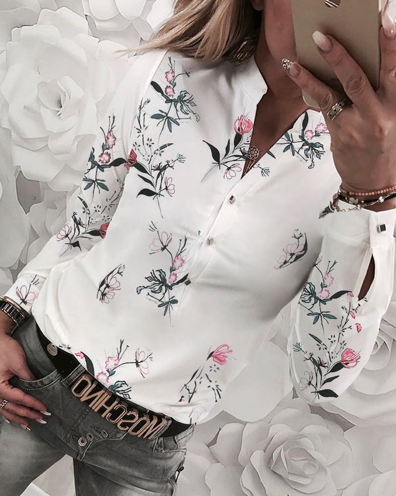 New Women Shirt Floral V-neck Long-Sleeved Printed Shirt Hot Autumn Spring Female Casual Blouse