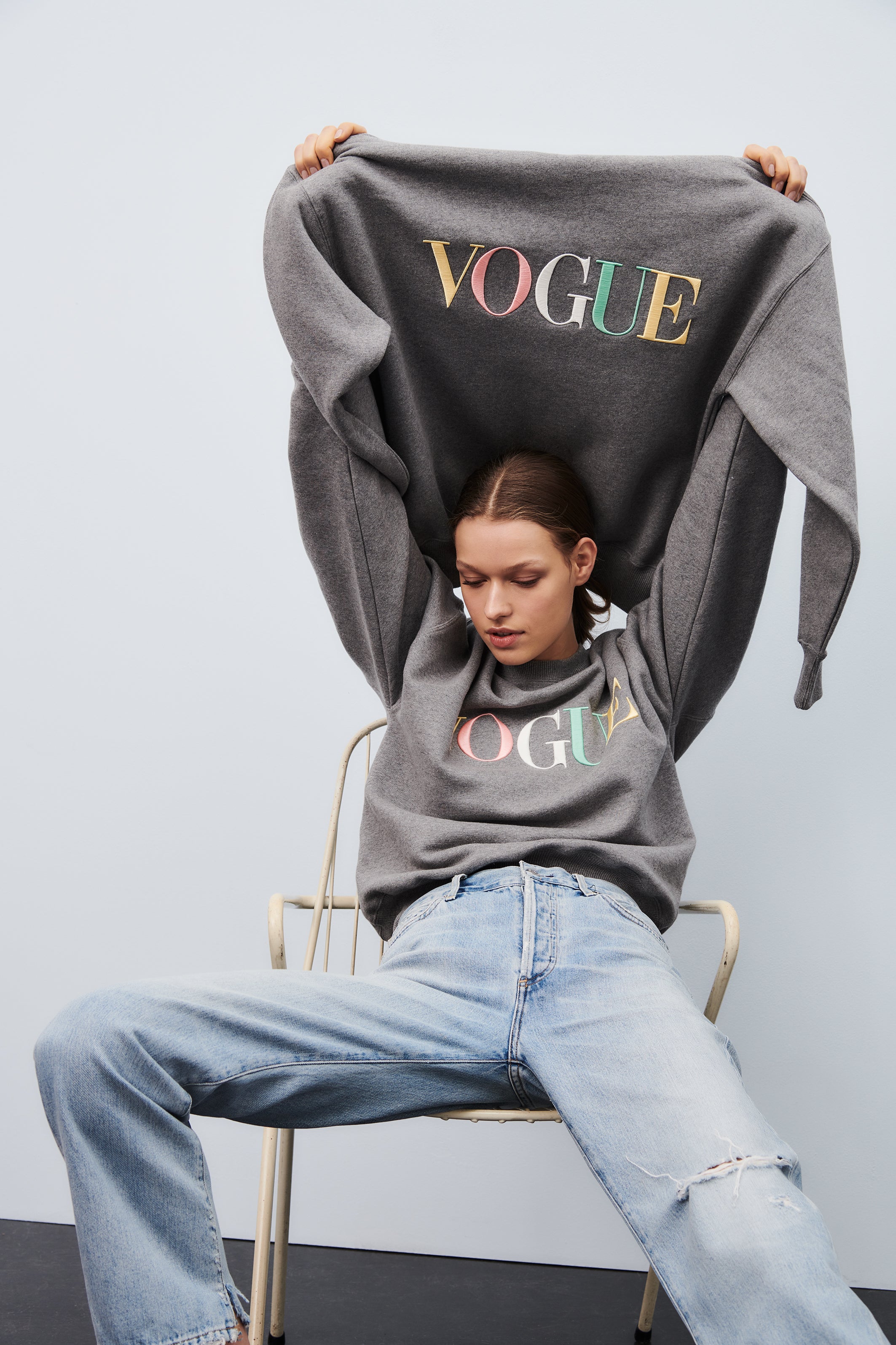 VOGUE Embroidered Pastel Rainbow Sweatshirt in Grey