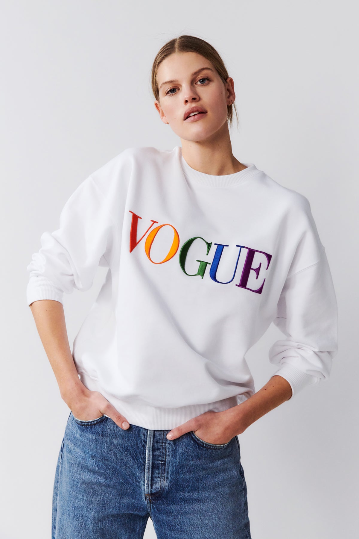 VOGUE Embroidered Rainbow Sweatshirt in White