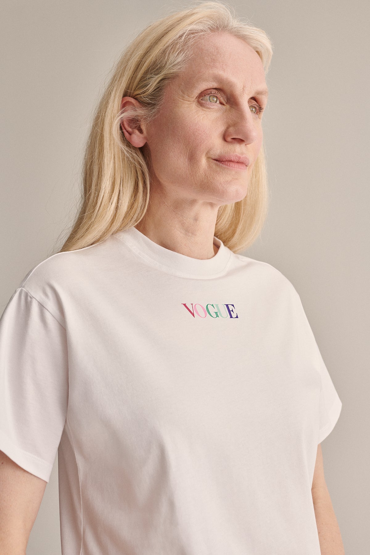 VOGUE Monochromatica T-Shirt in White with Rainbow Print Logo