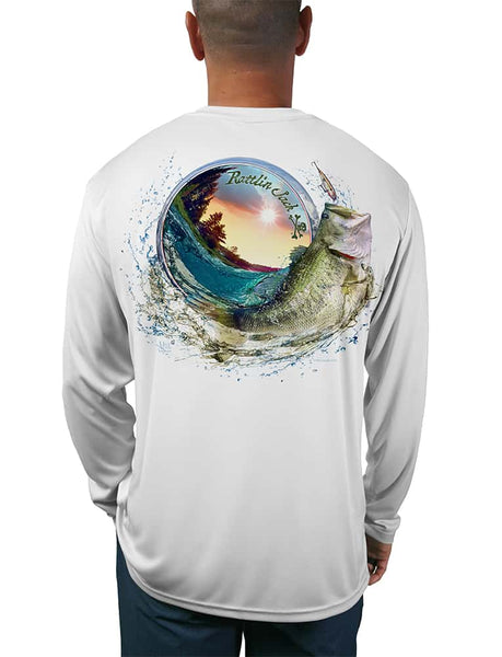 Men's Tail Walking Bass Fishing Shirt by Rattlin Jack | UV Protection | Long Sleeve | Performance Polyester Rash Guard | L / White