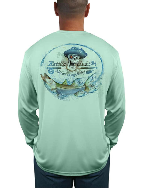 Men's UV Skull Logo Brown Trout by Rattlin Jack | Long Sleeve | UPF 50 Sun Protection | Performance Polyester Rash Guard | L / Blue