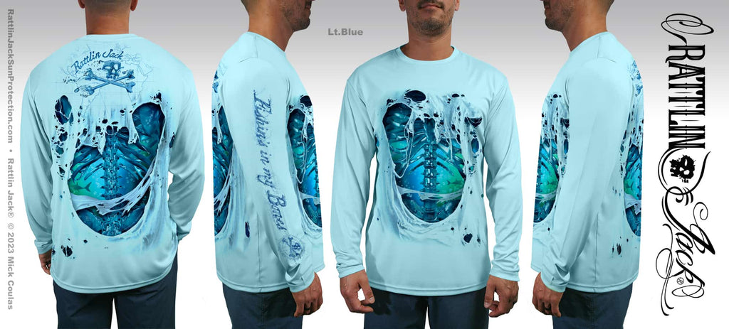 Rattlin Jack UV Fishing Shirt Size Chart image with model Skeleton Water Bones in Light blue