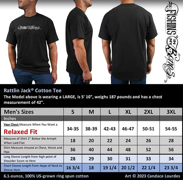 Rattlin Jack Mens Cotton Short Sleeve T-Shirt Soft Ring Spun 6.1 oz Relaxed Fit Size Chart