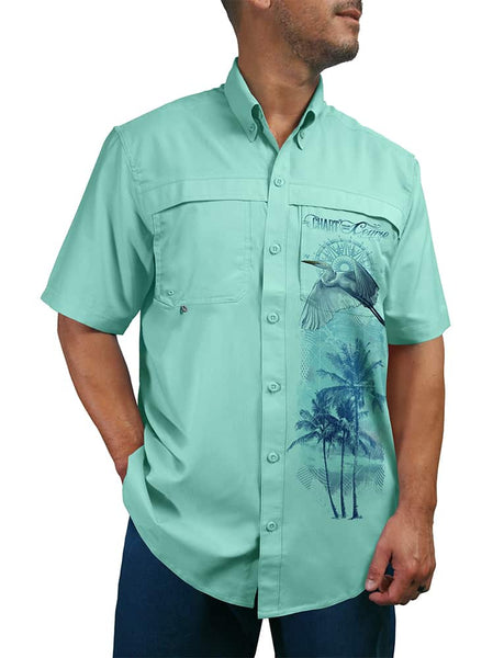 Men's Crab Button Down Sun Shirt by Chart Your Own Course | UPF 50 | Lightweight Performance Fabric | Short Sleeves | Vented Back 2XL / Teal