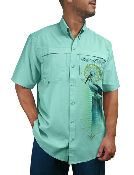 Men's Crab Button Down Sun Shirt by Chart Your Own Course | UPF 50 | Lightweight Performance Fabric | Short Sleeves | Vented Back M / Teal