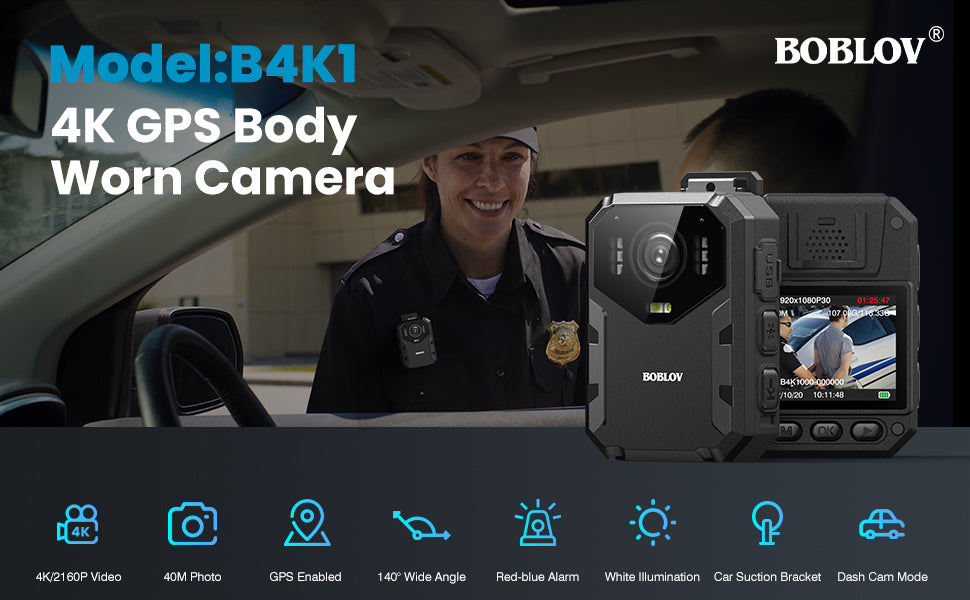 BOBLOV B4K1 128GB 4K body camera with GPS and 3100mAh battery for extended 10-12 hours shooting, includes car suction mount and charger5