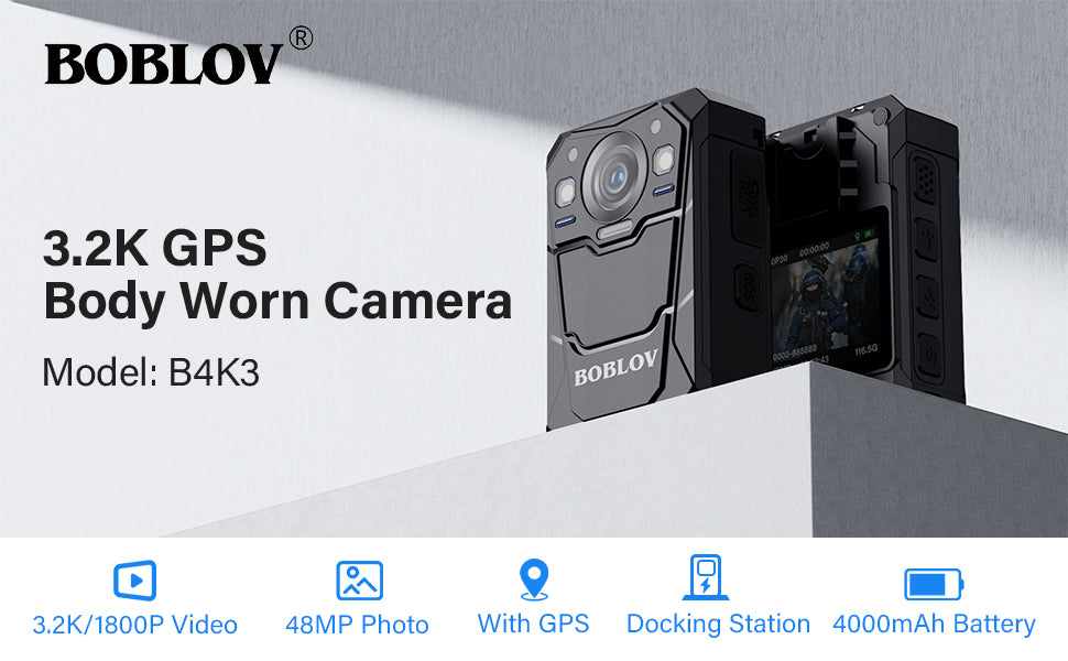 BOBLOV B4K3 Ultra 3.2K Body Camera with Built-in 128GB, Charging Dock, 13 Hours Recording, GPS, IP68 Waterproof0