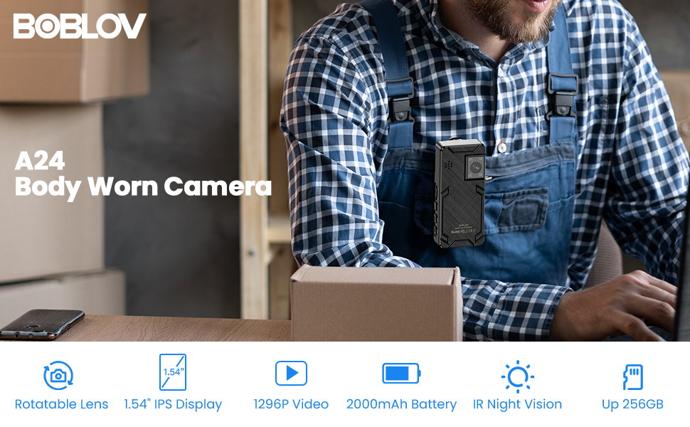 BOBLOV A24 1296P Mini Body Camera with 64GB storage and 180-degree rotation, capable of 8 hours video recording0