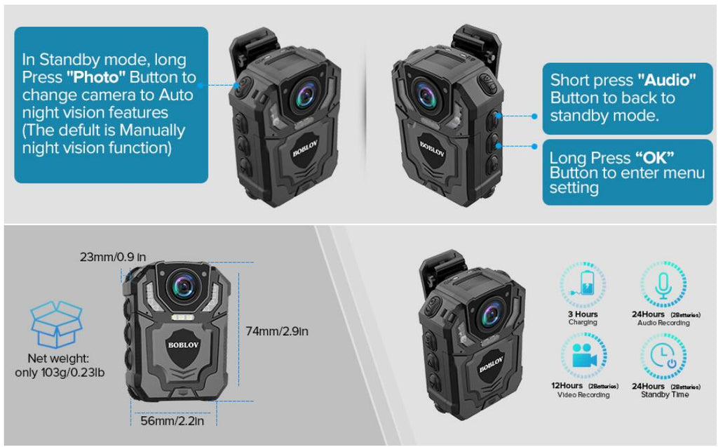 BOBLOV T5 Police Body Camera with 1296P Night Vision2