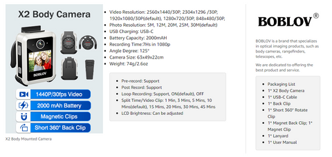 BOBLOV X2 Body Camera with 1440P resolution and LCD Display0