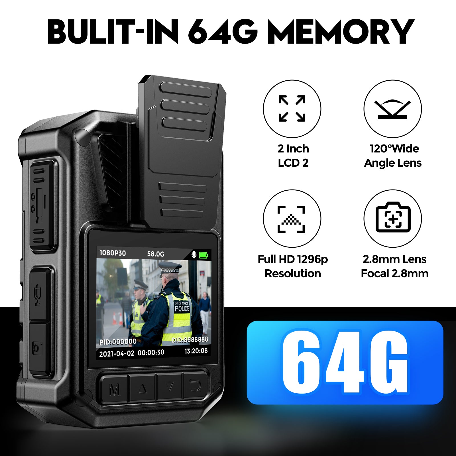 Losfom WD5 1296P Body Mounted Camera, 128G Body Camera, Wearable Camera  Include 2PCS Rechargeable Batteries, Body Worn Cam Total 18 Hours Recording