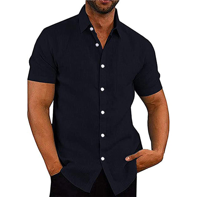 Chemise boutonnée à manches courtes en lin de couleur unie pour hommes ...