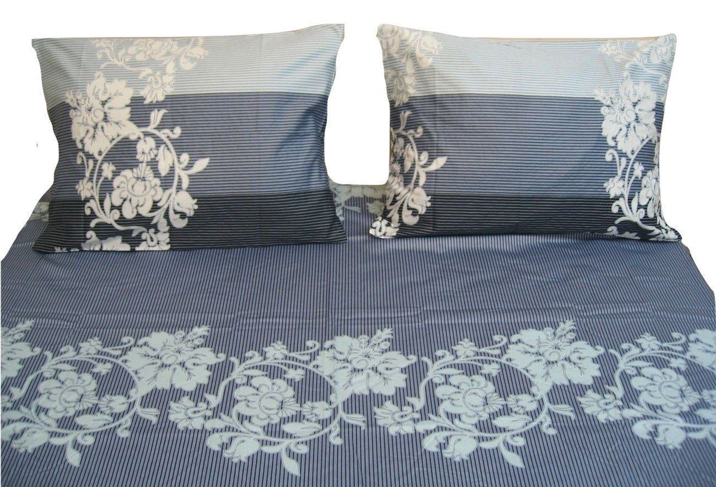 DaDa Bedding Navy Blue Floral Striped Fitted Sheet & Pillow Cases Set - Twin Size (FTS8153)