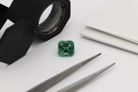  A square emerald set between jeweler examination tools.