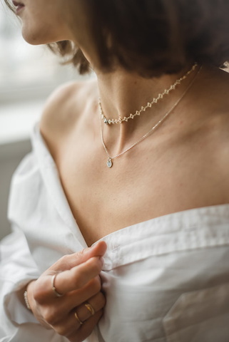 Model wearing a diamond choker with a pendant necklace. 