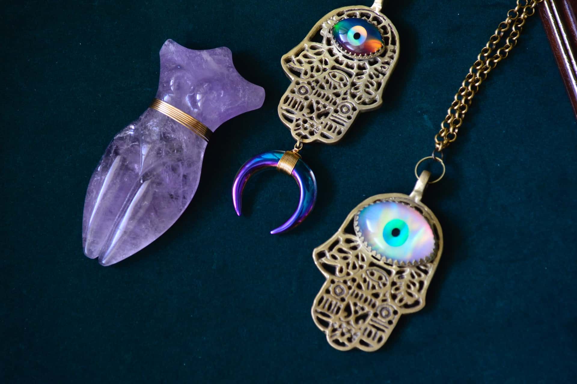 evil eye jewelry with purple crystal 