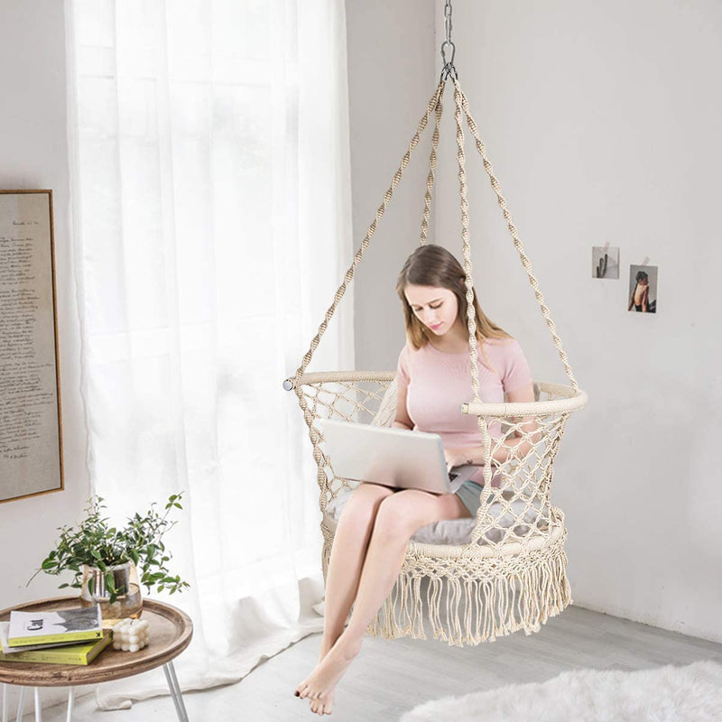 Nodig hebben Verbazingwekkend Lengtegraad Hangstoel macrame schommelstoel, hangende katoenen touw stoel met kwas –  Luxgoods