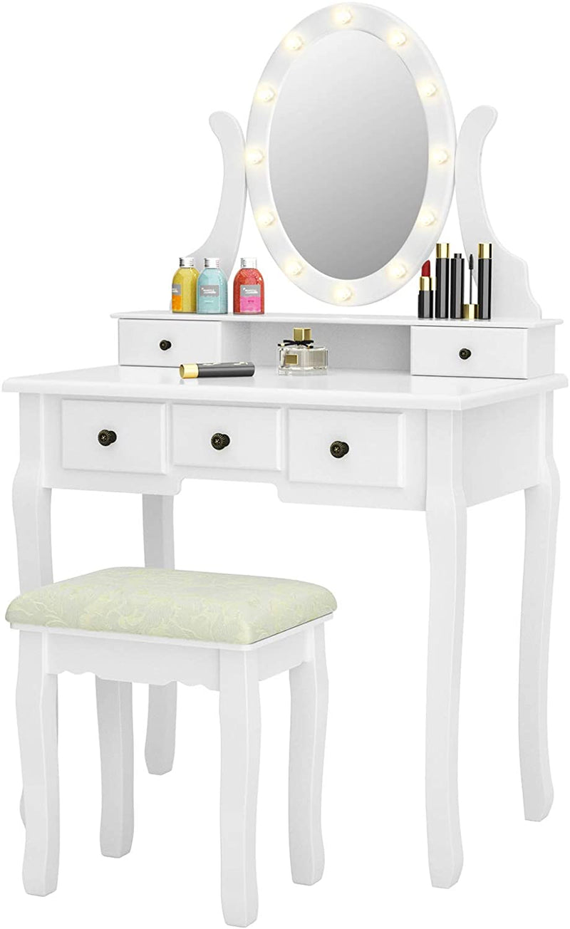 Kaptafel met verlichte spiegel, make-uptafel kaptafel, 360° draaiende ovale spiegel met 12 LED-lampjes, afneembare bovenkant, 5 opberglades, voor meisjes slaapkamer (Wit)