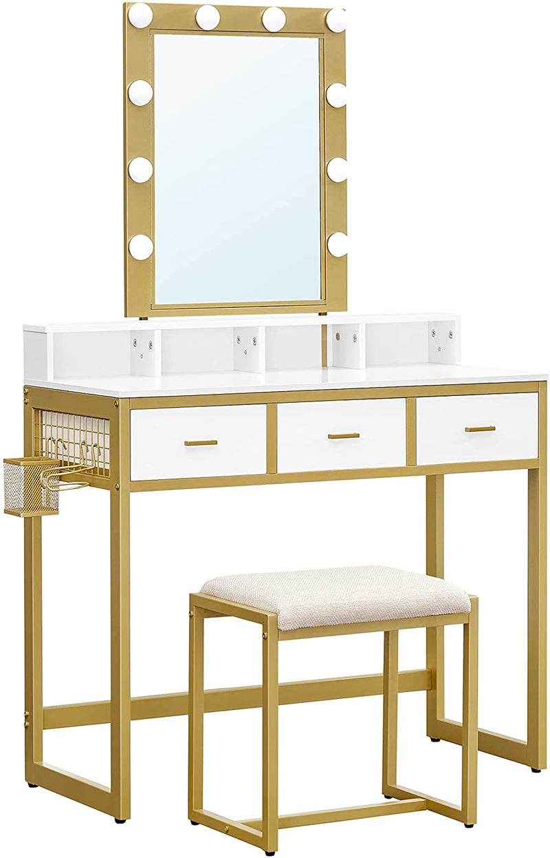 Kaptafel met spiegel,kaptafel met kruk, cosmeticatafel, 10 ledlampen, instelbare helderheid, voor modern, wit-goudkleurig – Luxgoods