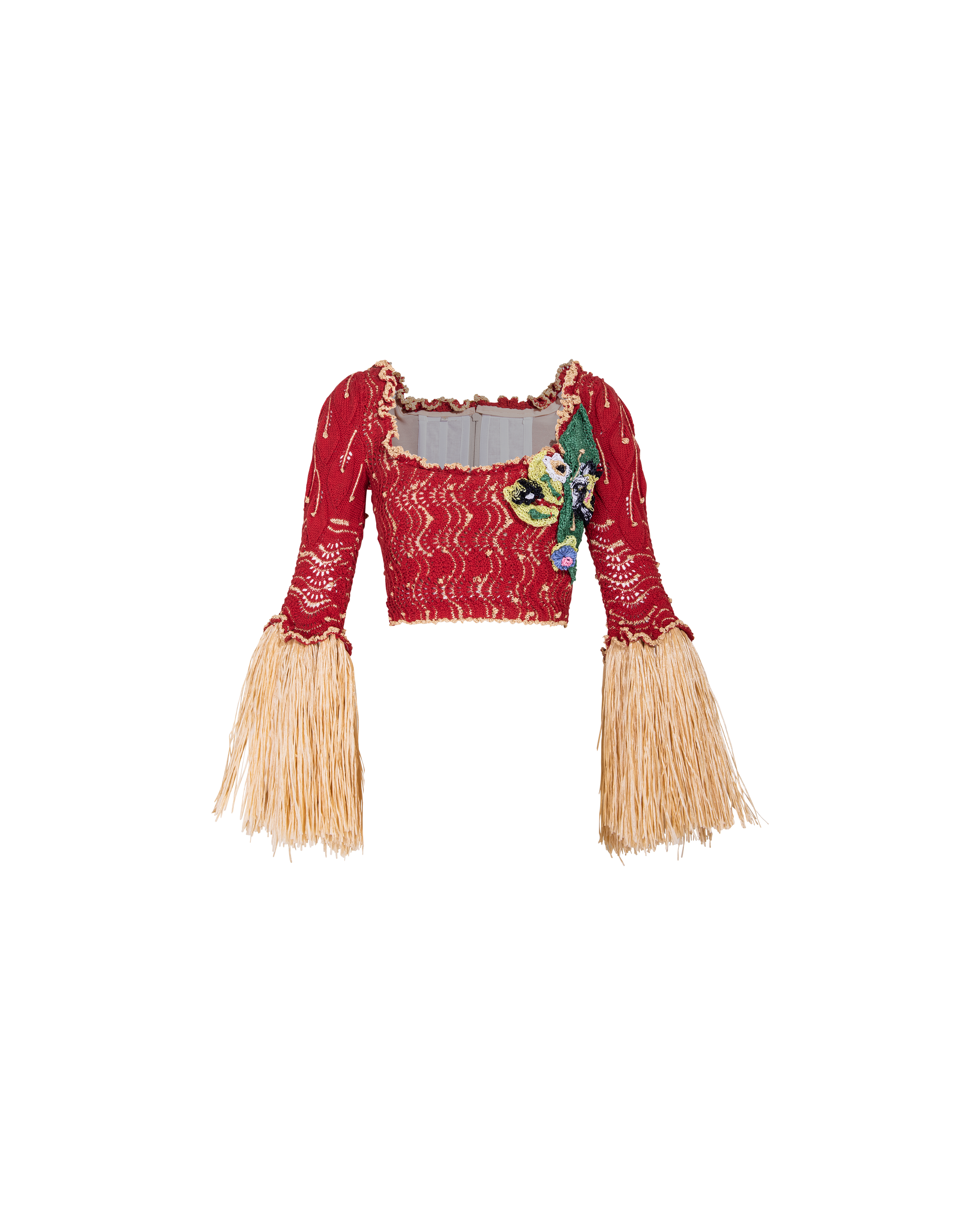 image of S/S 1995 Red Knit Corset Top with Raffia Sleeves