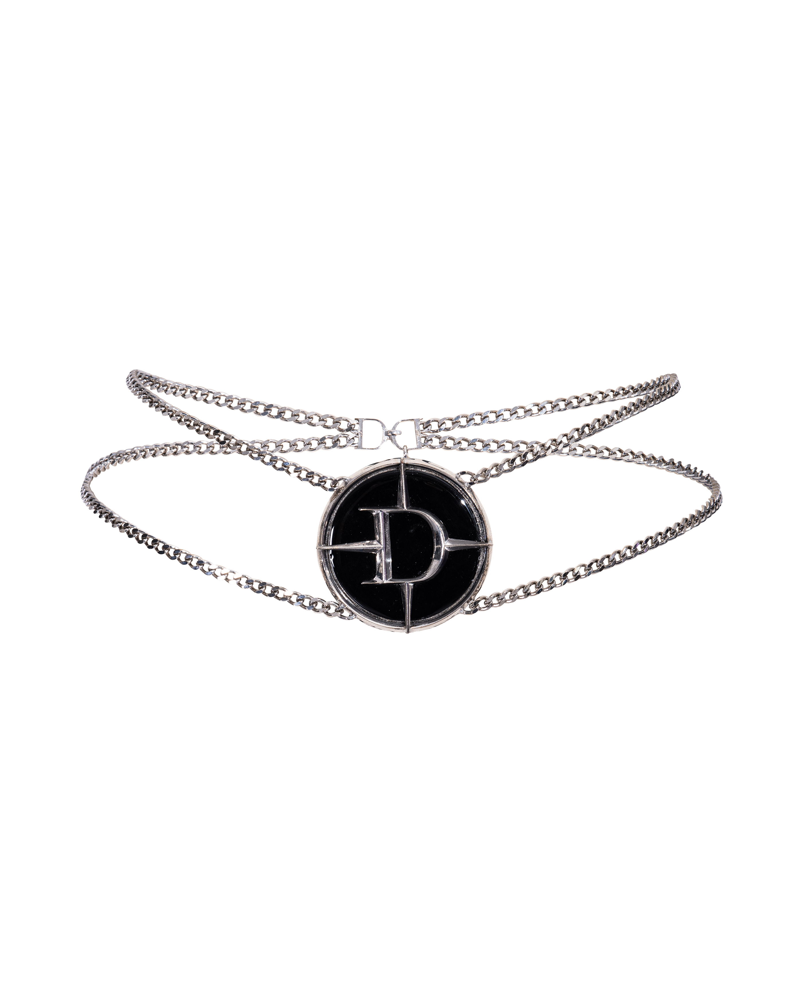 image of S/S 2001 Haute Couture Black and Silver 'D' Logo Circle Chain Belt