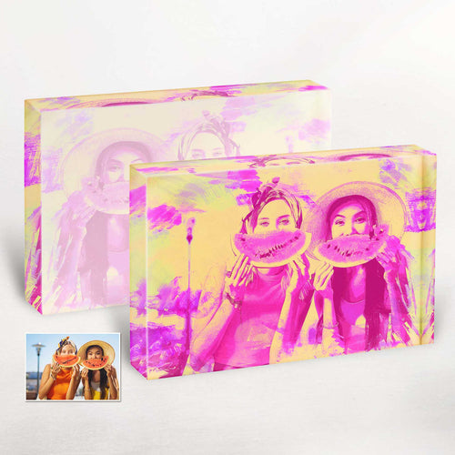 Personalised Pink & Yellow Watercolor Acrylic Photo Plaque Block