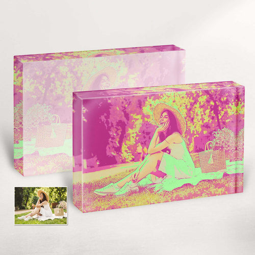 Personalised Green & Pink Pop Art Acrylic Photo Plaque Block