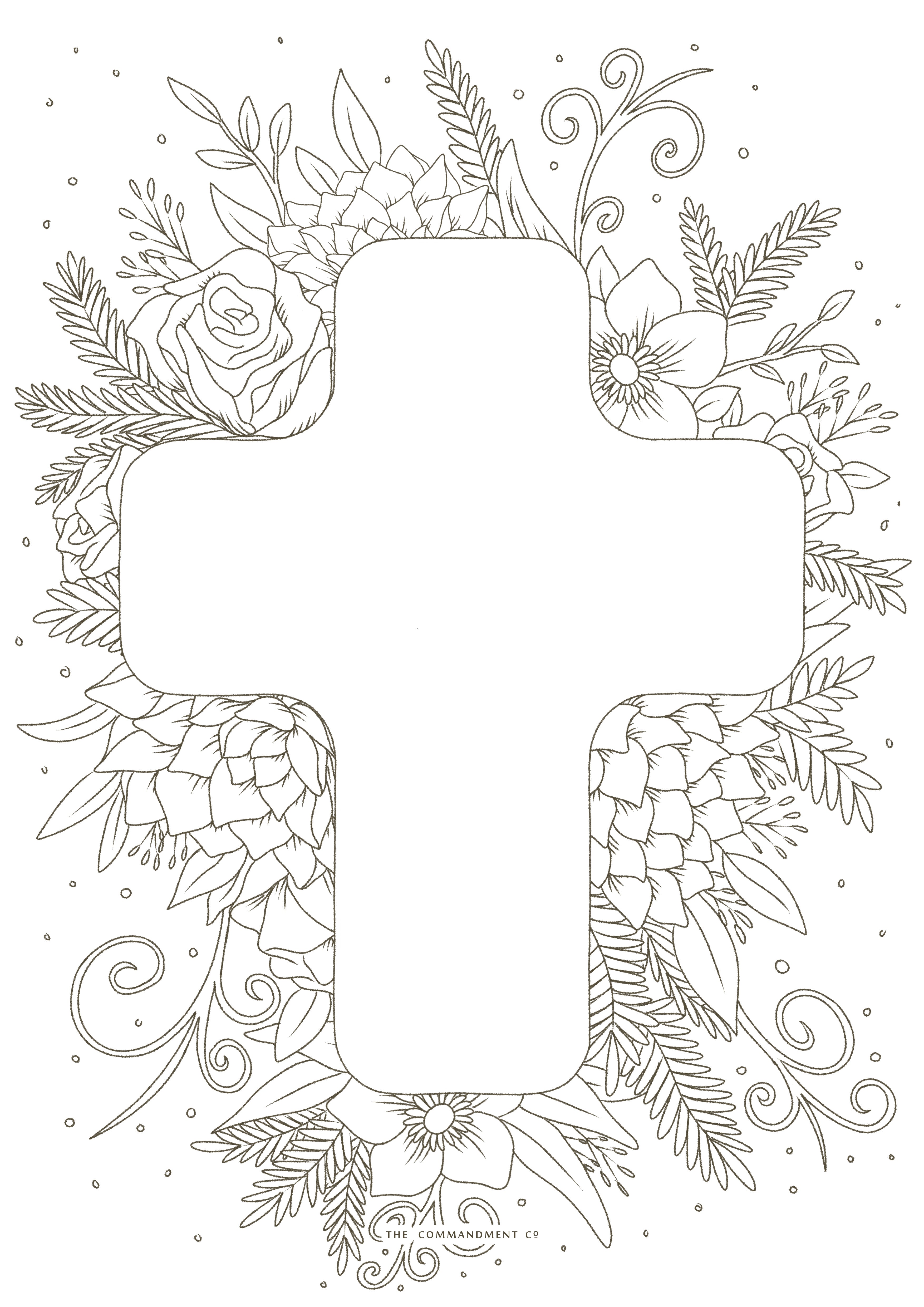 Christian Cross and Flowers Coloring sheet by the commandment co