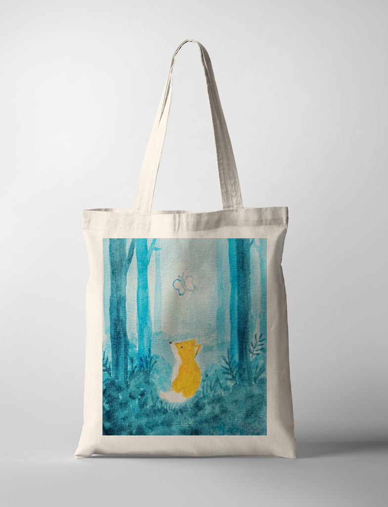 fox and butterfly watercolor painting printed on tote bag