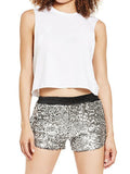 Momycharm Sequin Solid Silver High Waisted Casual Shorts