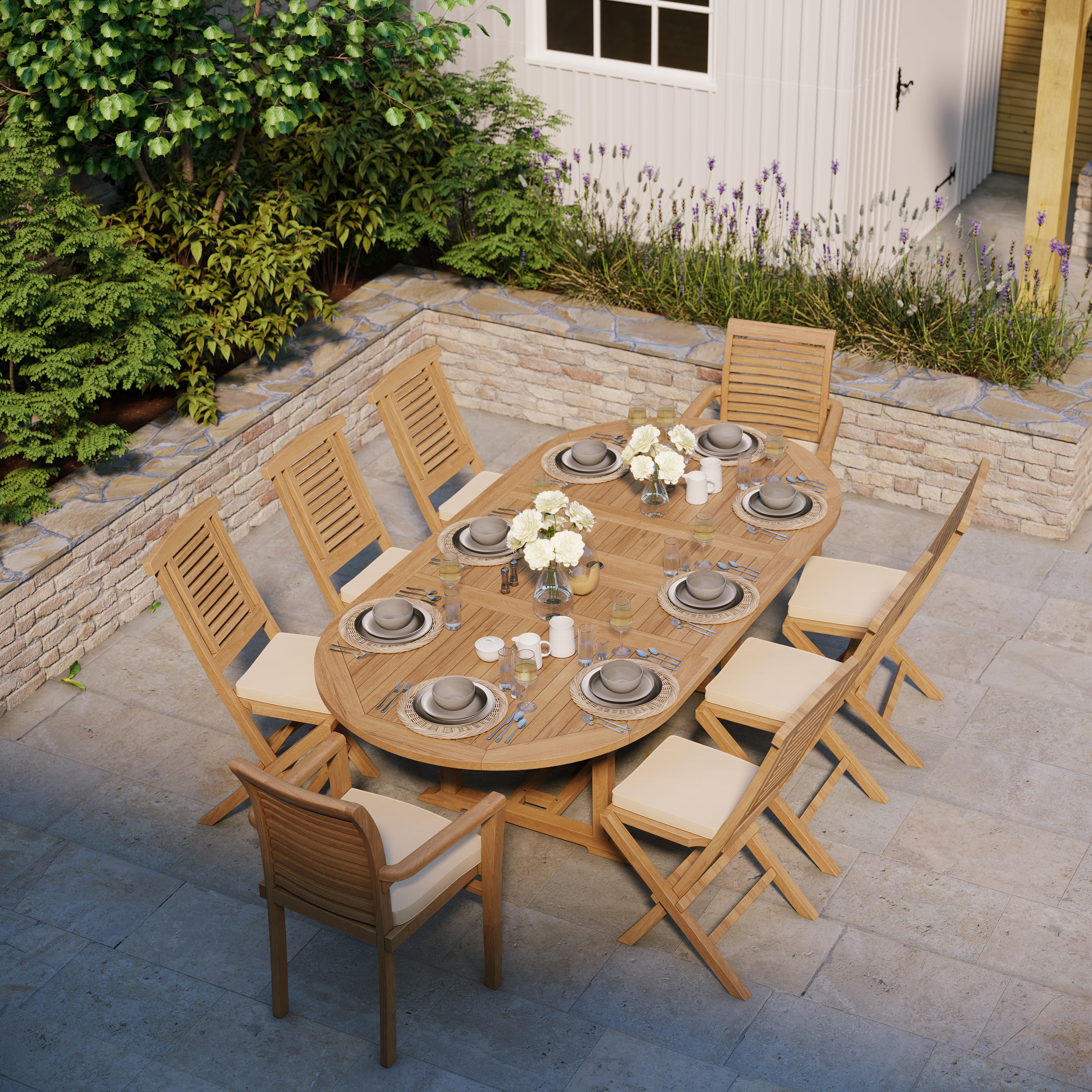 Product photograph of Teak Garden Furniture Oval 180-240cm Extending Table 6 Hampton Chairs 2 Stacking Chairs Cushions Included from Luxus Home And Garden