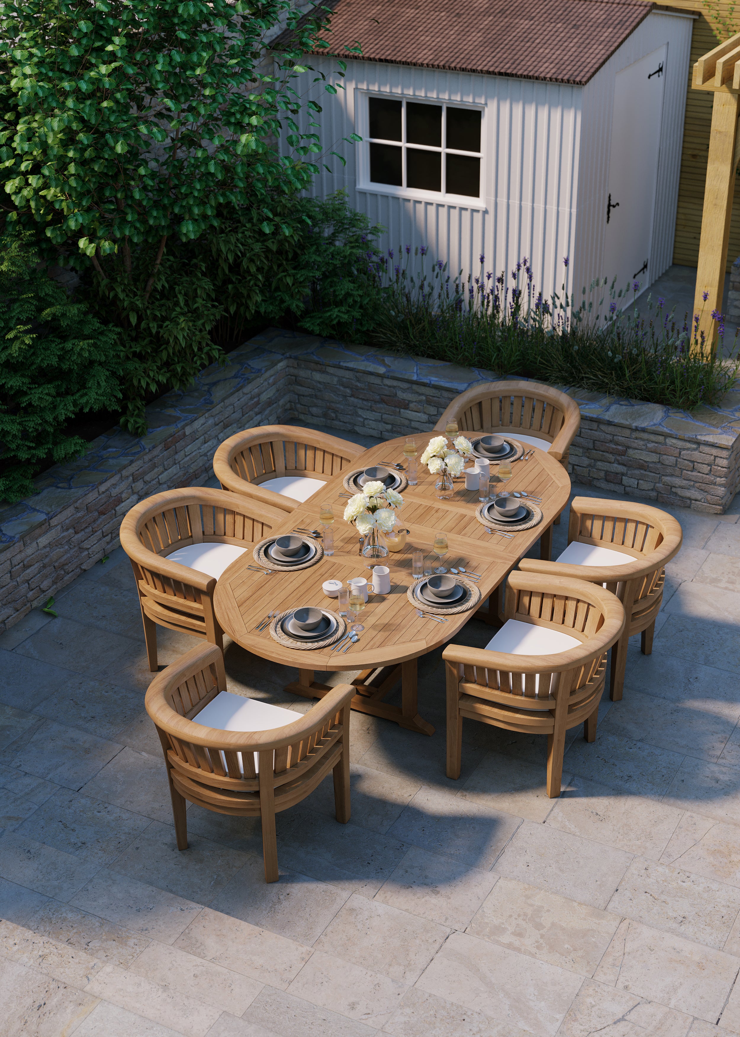 Product photograph of Teak Garden Furniture Set Oval 180-240cm Extending Table 6 San Francisco Chairs Cushions Included from Luxus Home And Garden