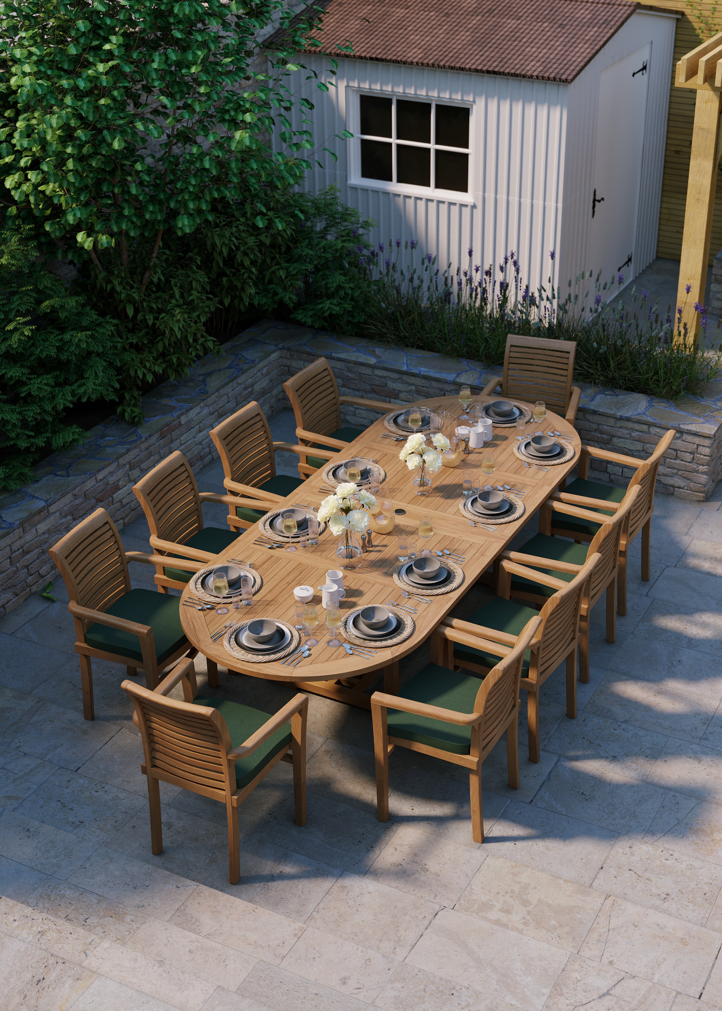 Product photograph of Teak Garden Furniture 2-3m Oval Extending Table 10 Stacking Chairs Cushions Included from Luxus Home And Garden