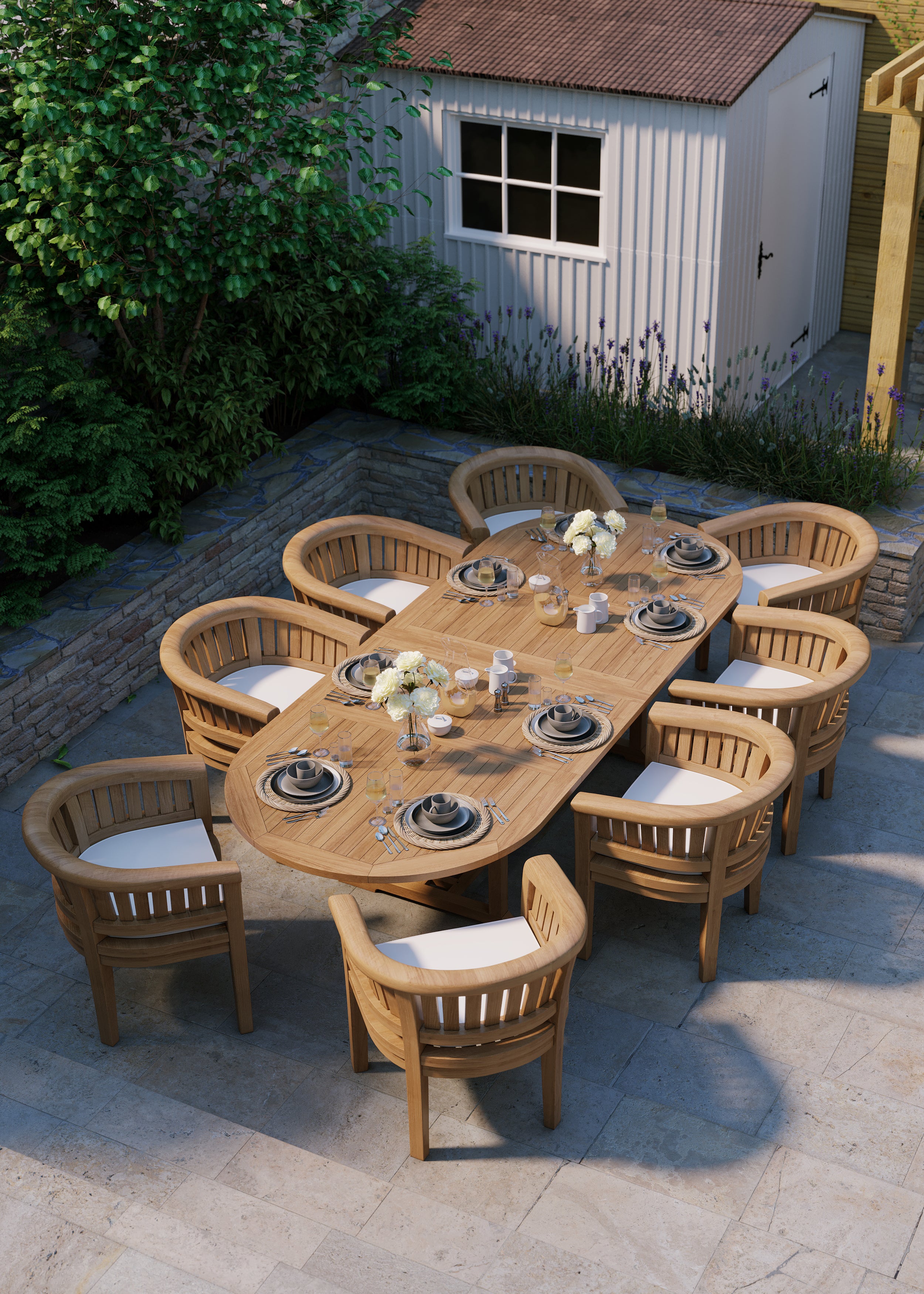 Product photograph of Teak Garden Furniture Set Oval 2-3m Extending Table 8 San Francisco Chairs Cushions Included from Luxus Home And Garden