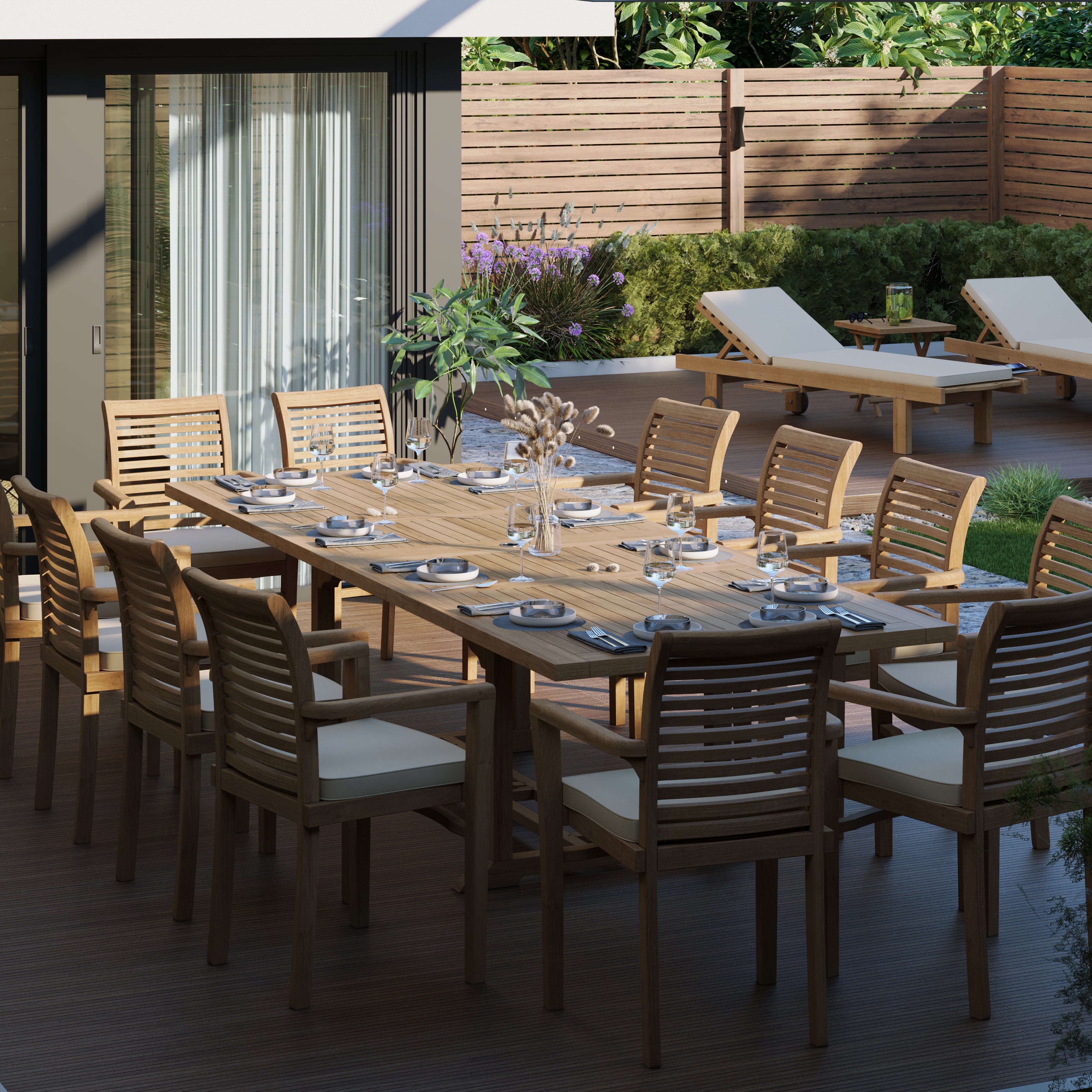 Product photograph of Giant Teak Garden Furniture Set 2-3m Rectangle Extending Set 12 Stacking Chairs Cushions Included from Luxus Home And Garden