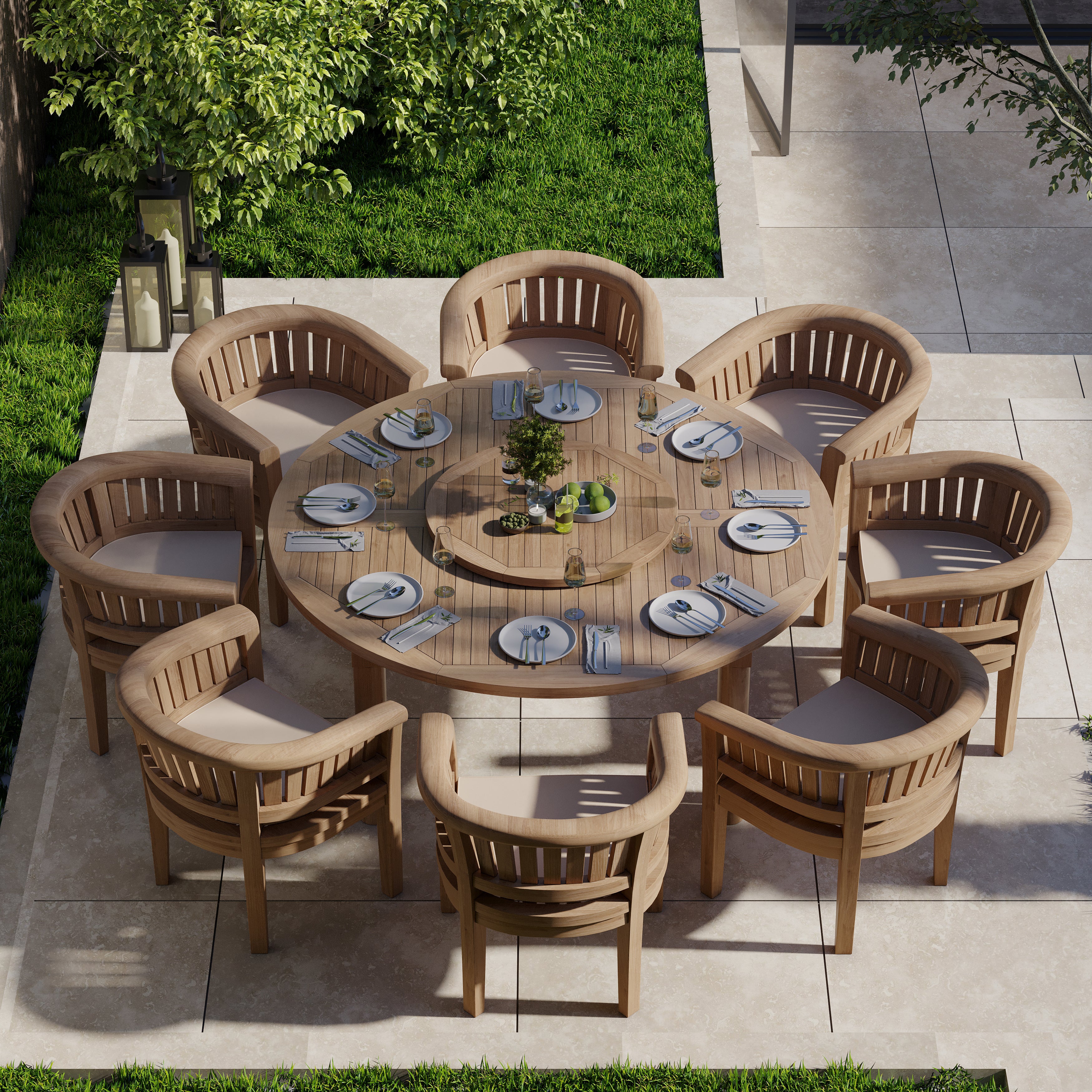 Product photograph of Teak Garden Furniture Set 180cm Maximus Round Table 8 San Francisco Chairs Cushions Included from Luxus Home And Garden
