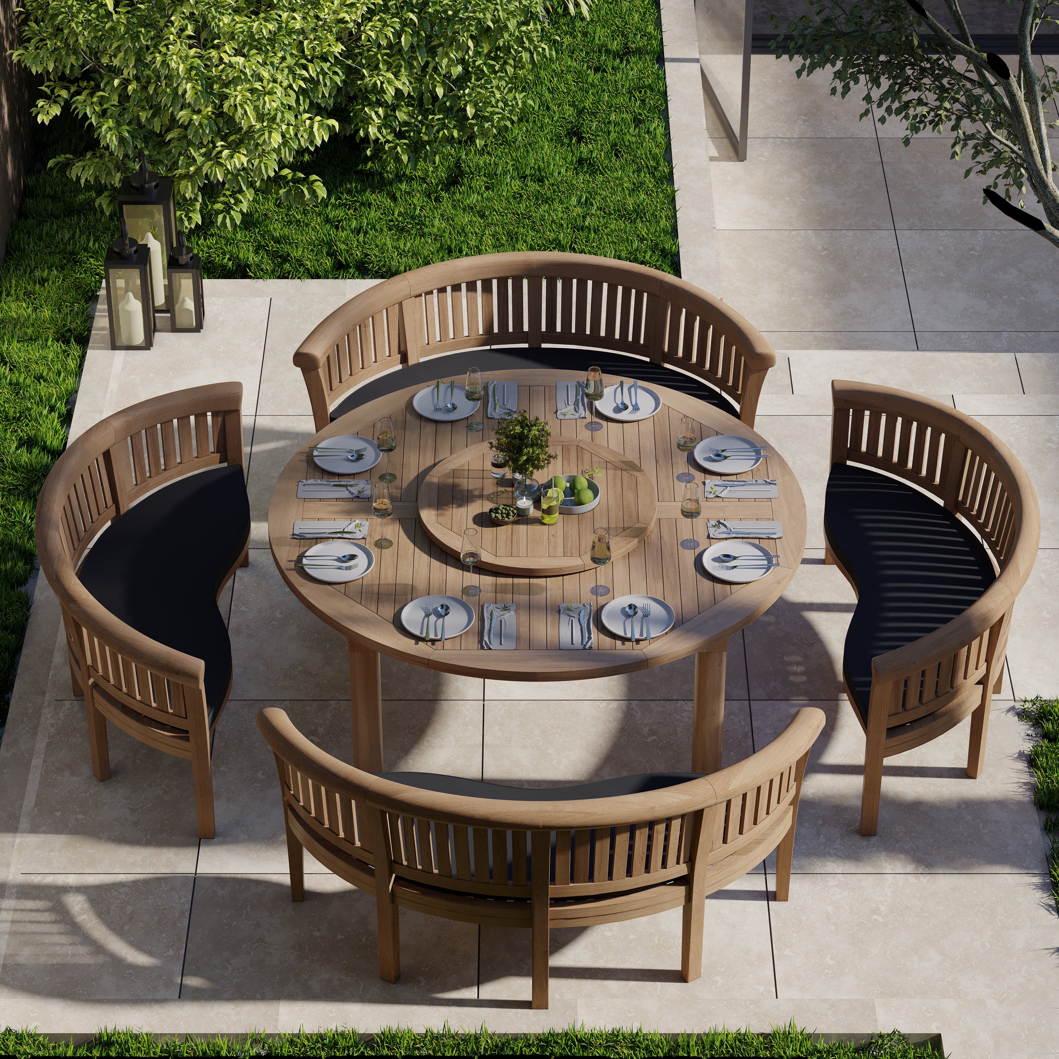 Product photograph of Teak Garden Furniture Set 180cm Maximus Round Table 4 San Francisco Benches Cushions Included from Luxus Home And Garden